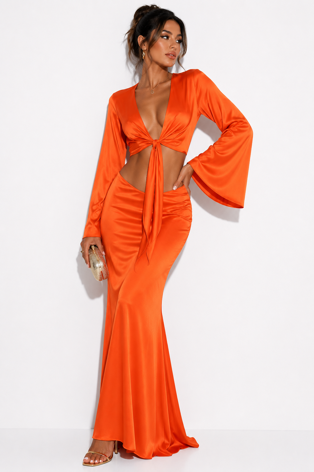 Elegant Orange V-Neck Flare Sleeve Maxi Dress